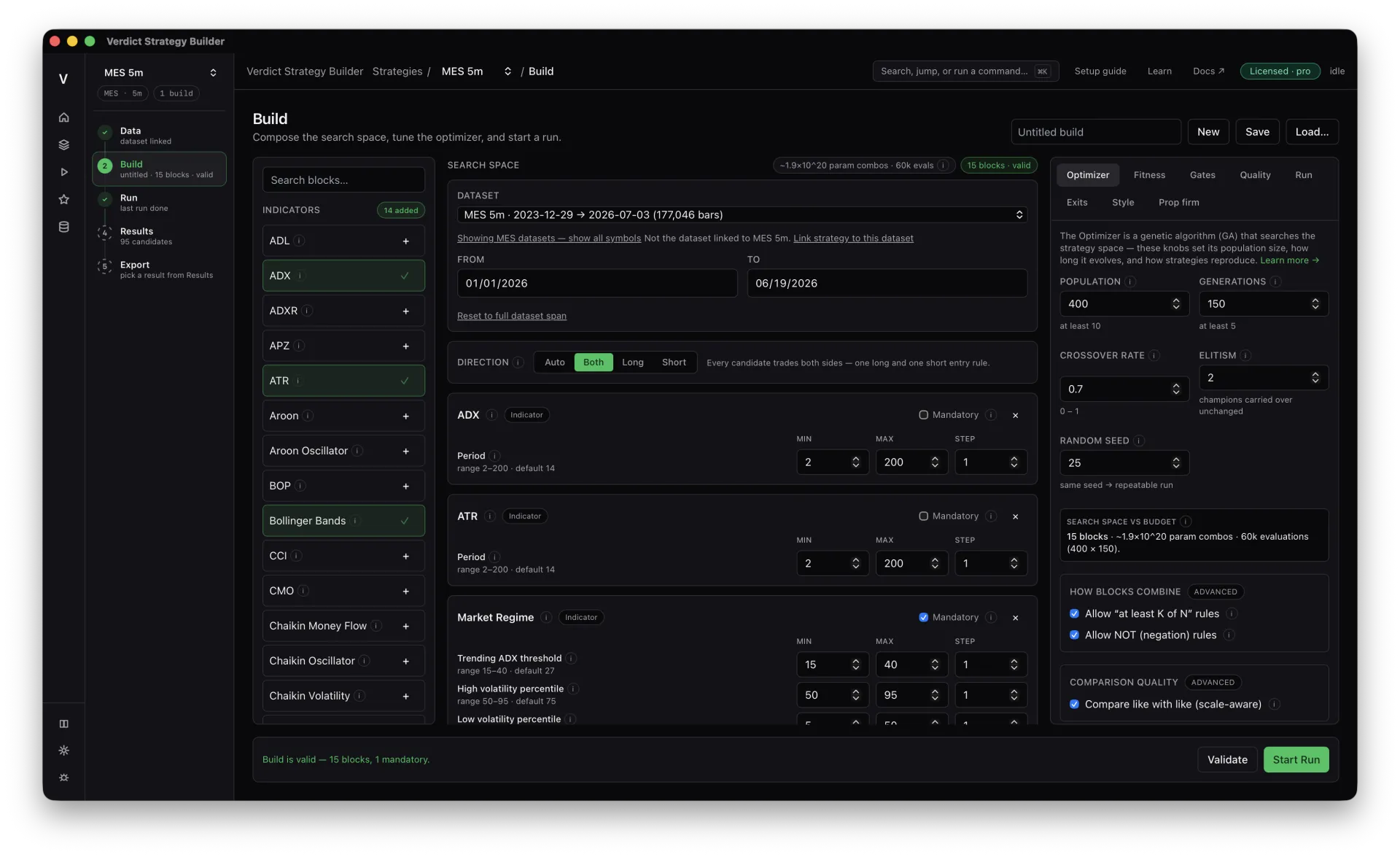 The Build screen configuring indicator blocks and genetic-optimizer settings such as population size and crossover rate.
