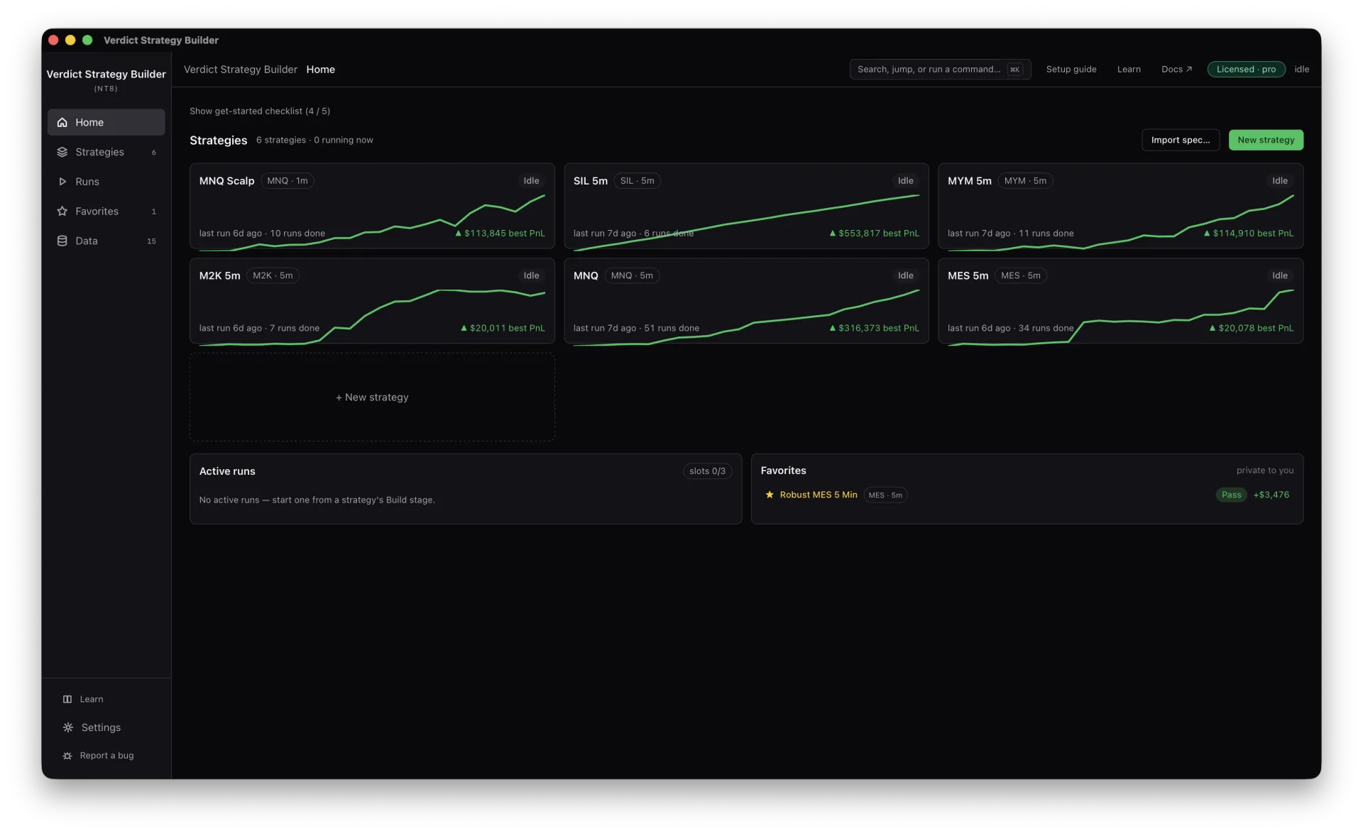 The home dashboard where NinjaTrader 8 strategies are organised into a library, each linked to imported instrument data.
